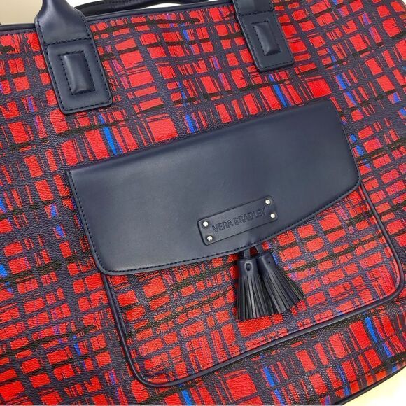 Very Bradley Red Blue Linear Graphic Double Handle Like New Travel Tote - Picture 6 of 16
